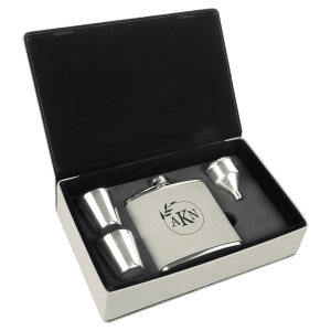 Personalized Deluxe Vegan Leather Wrapped Stainless Steel Flask Set in Vegan Leather Box
