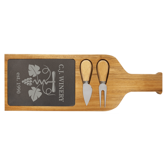 17 1/2" x 6" x 1/2" Acacia Wood/Slate Serving Board Set with 2 Tools